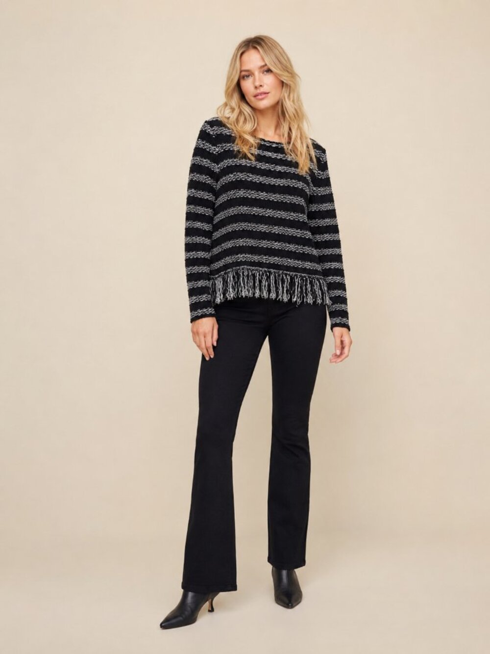2/$30 Chico's Striped Fringed Hem Sweater Black White 16 #A4010